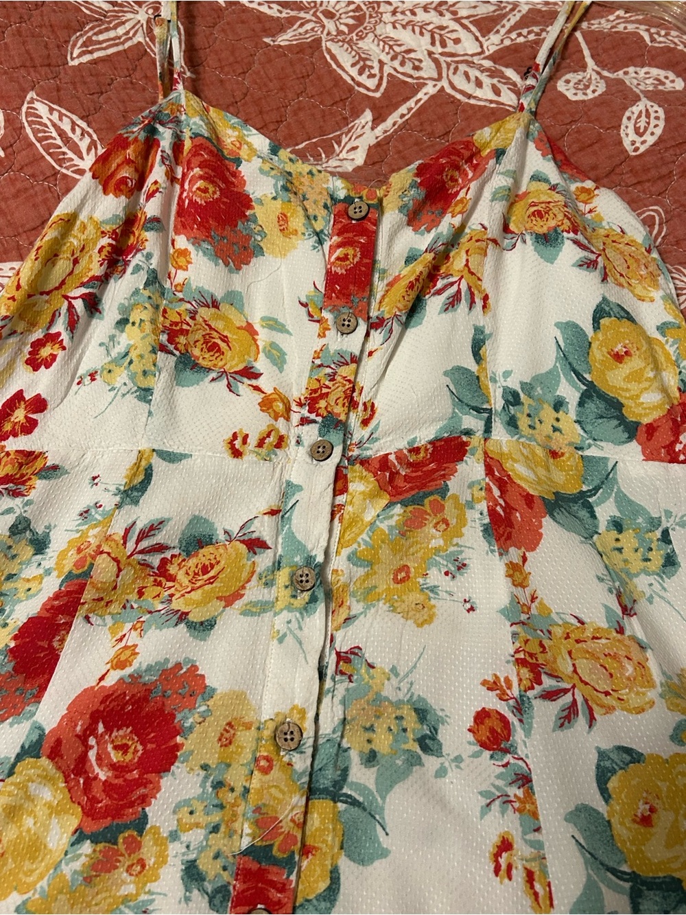 White Floral Spaghetti-Strap Maxi Dress with Red & Yellow Blooms - Picture 6 of 9